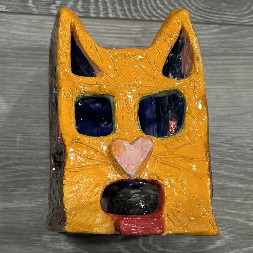 Handmade Ceramic Cat House Luminary Tealight Candle Holder‎ Orange Folk Art
